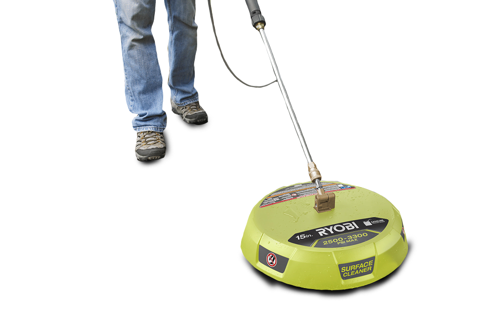 Person using a Ryobi surface cleaner for pressure washing, demonstrating professional exterior cleaning services.