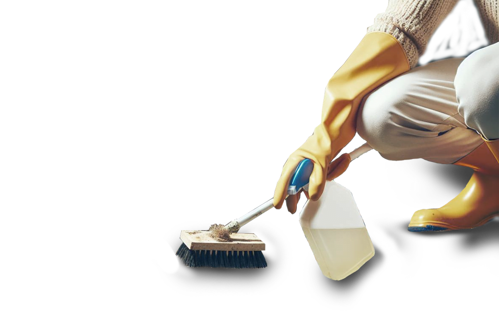 Person in yellow gloves cleaning with a brush and spray bottle, focusing on roof moss removal and exterior cleaning services.
