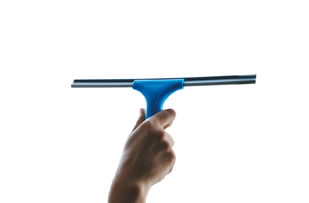 Hand holding a blue window squeegee, symbolizing professional window cleaning services offered by Frater Exterior Cleaning Services.