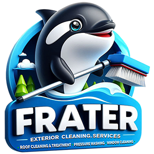 Frater Exterior Cleaning Services logo featuring a cartoon whale holding a cleaning brush, emphasizing professional house washing and exterior cleaning.